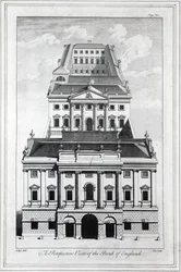 Eine perspektivische Ansicht der Bank of England, graviert von William Henry Toms, 1739